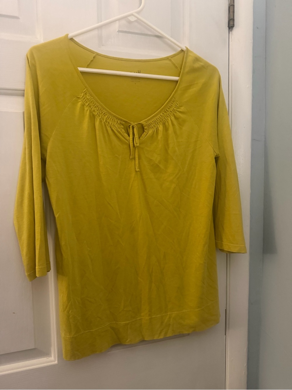 J. Jill Chartreuse Cotton Modal Gathered Tie Neck Top 3/4 Sleeve Small
